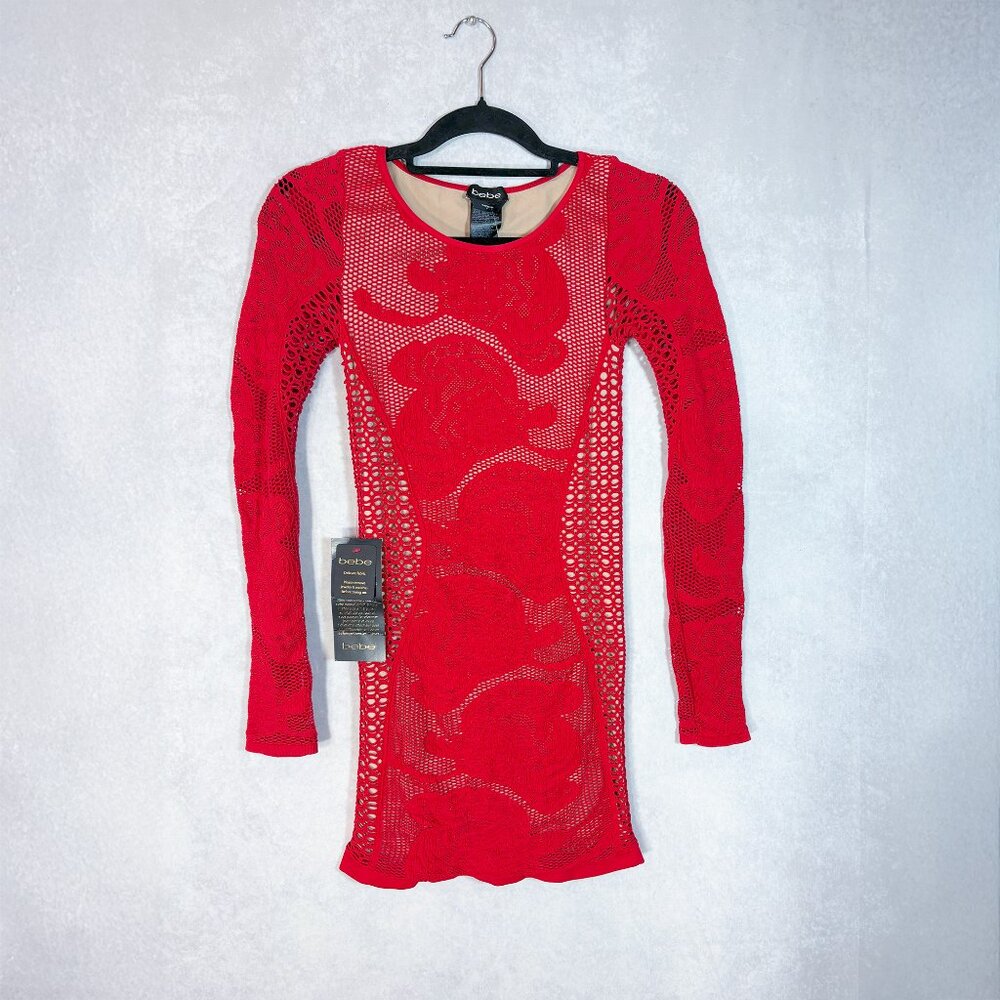 Bebe Janet Women's Super Stretchy Lace Netting Dress Long Sleeves Red Size S